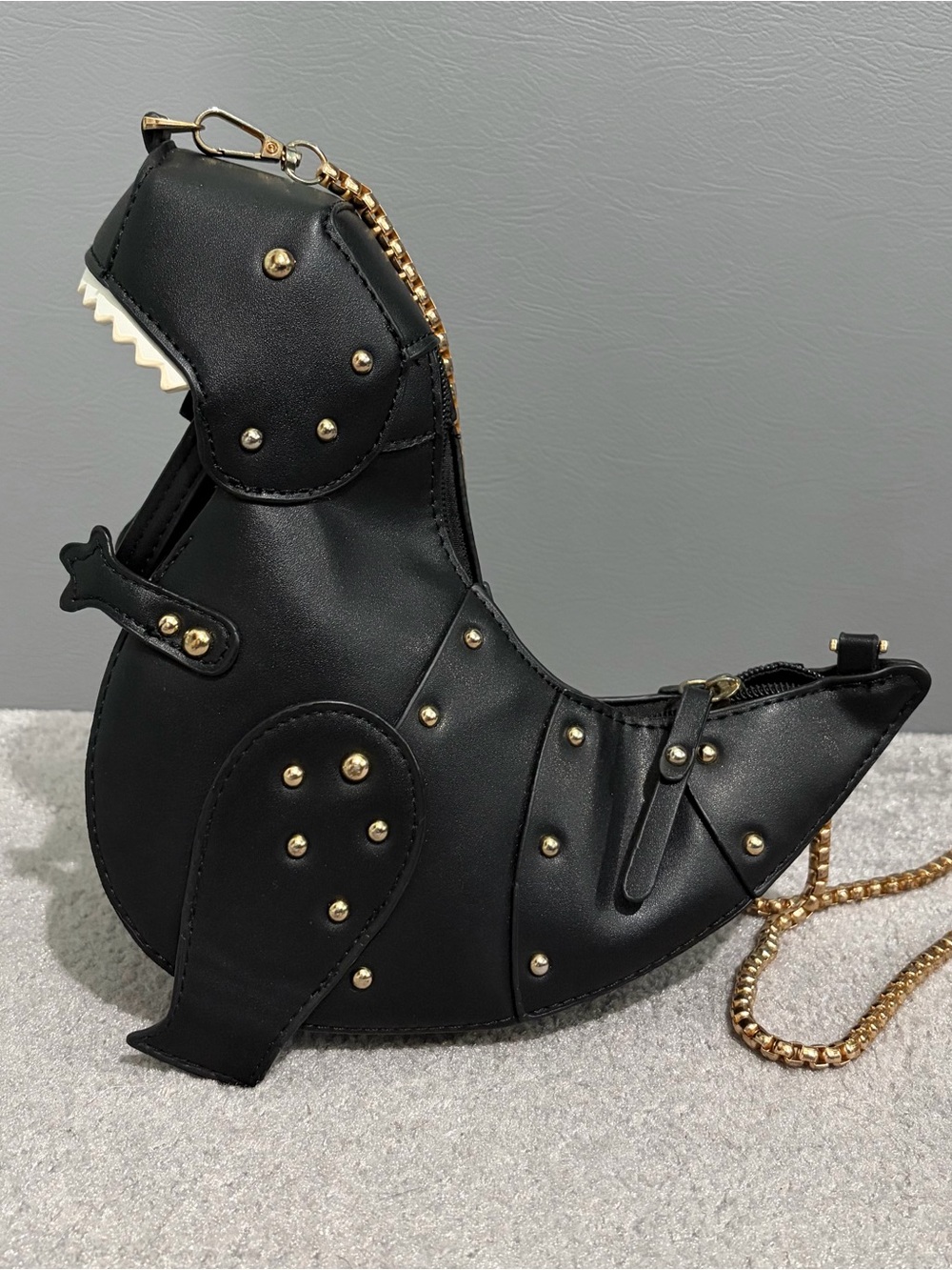 Black Dinosaur Crossbody Bag with Gold Studs
